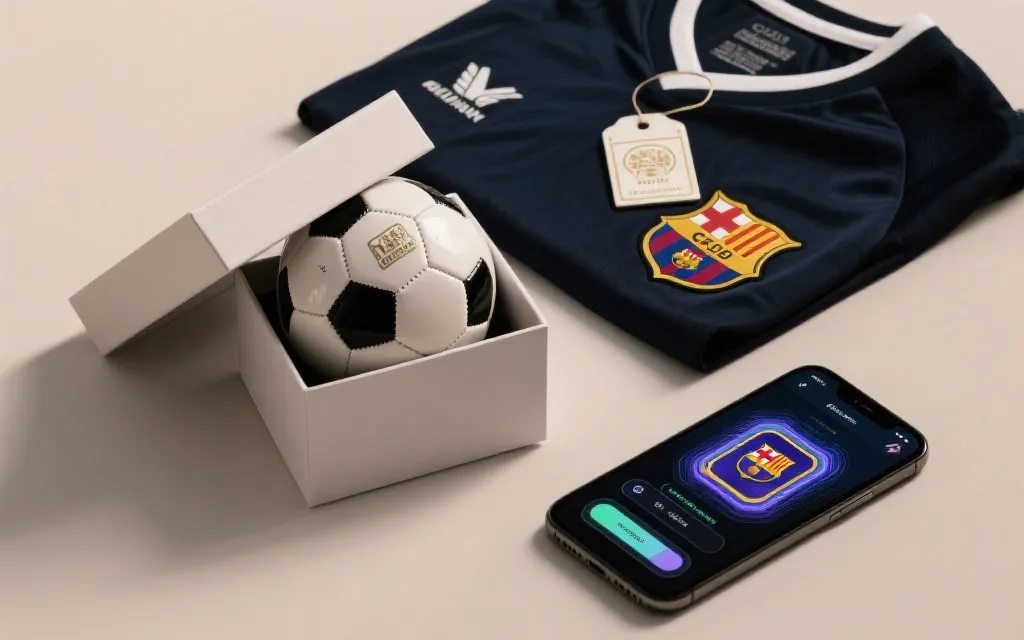 收藏桌面上摆放球衣吊牌、纪念球与手机展示数字藏品界面的静物场景