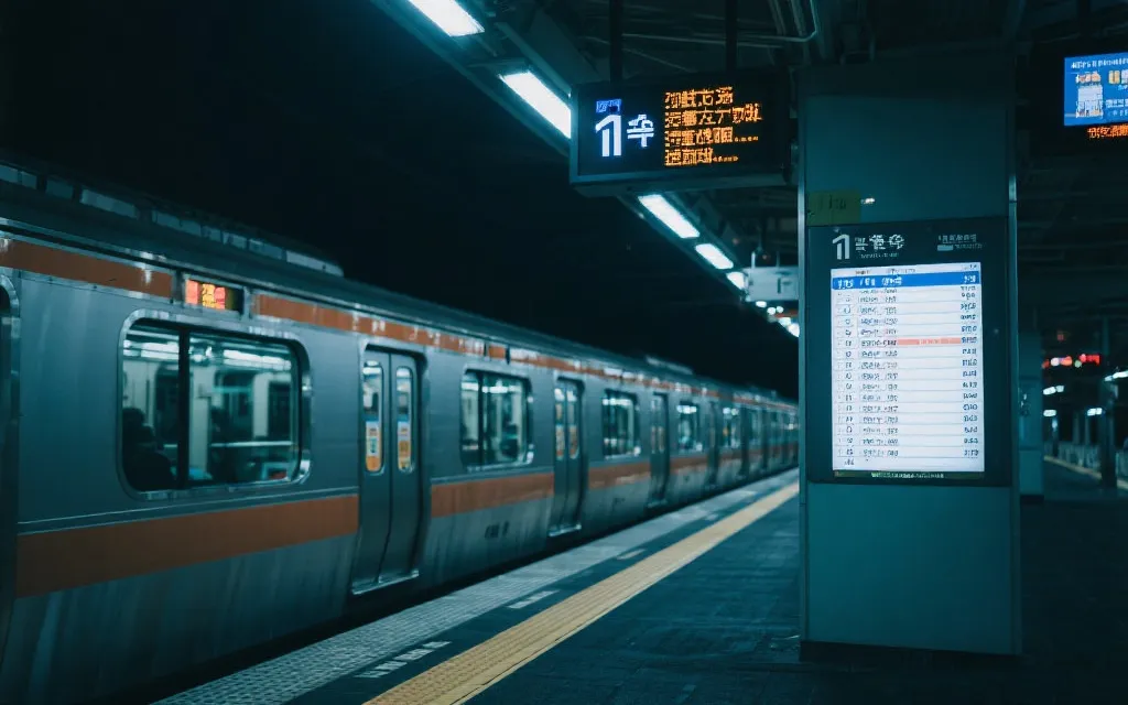 夜间地铁站台与时刻表信息，强调末班车与时间管理