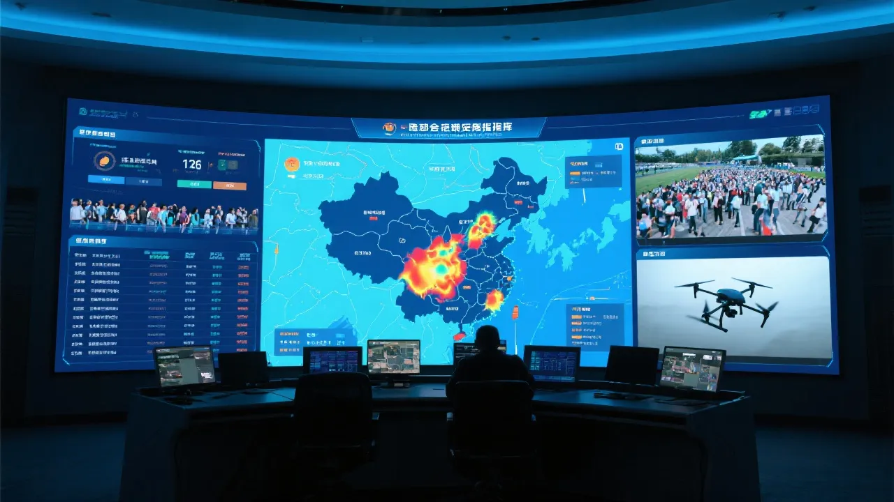 赛事指挥中心的数据联动大屏：客流热力、视频告警、门禁事件与无人机画面同屏