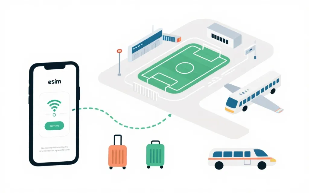 机场到球场的旅行动线示意，手机显示eSIM安装与网络连接步骤，清爽信息图风格
